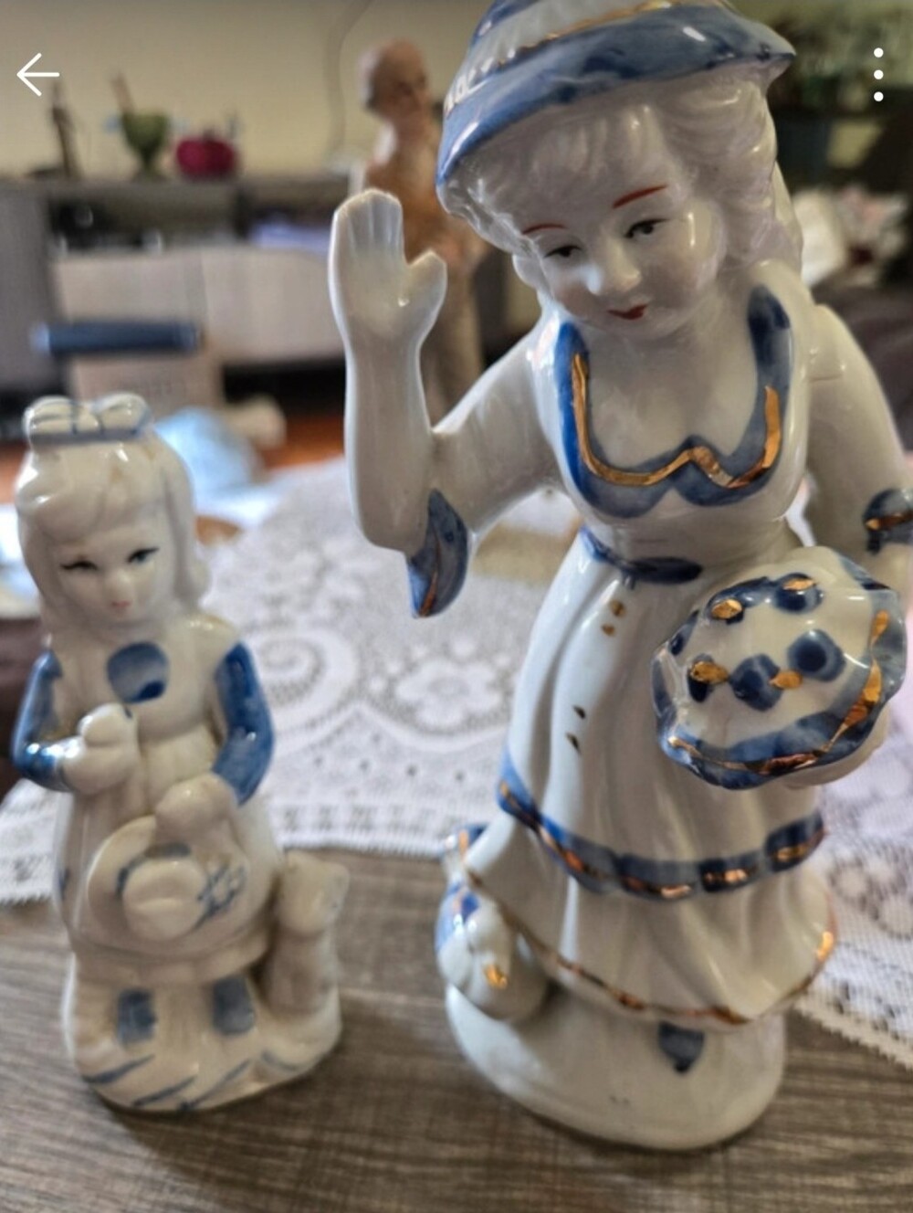 Vintage Blue & White Porcelain Girl Figurines Set of 2 - Gold Trim Chinoiserie